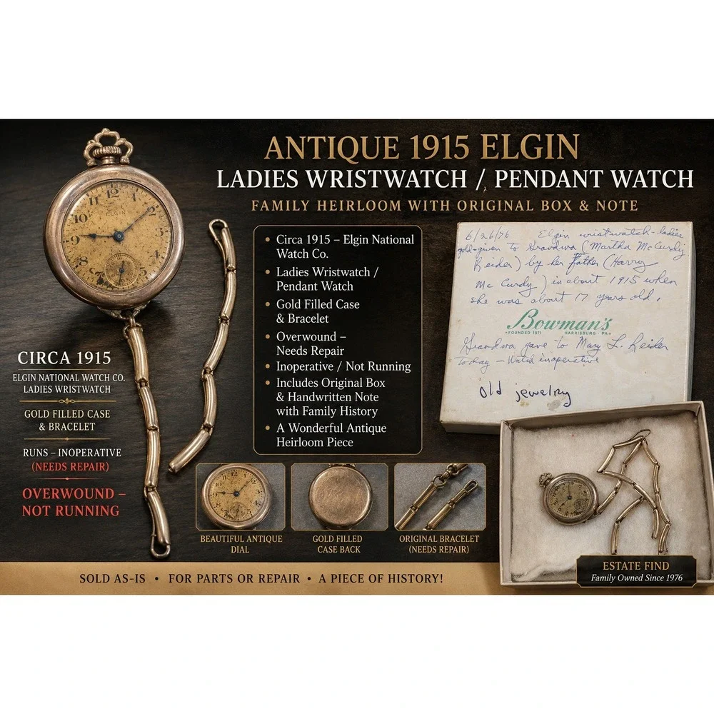 Antique 1915 Elgin Ladies Wristwatch Gold Filled Parts Repair Original Box Note